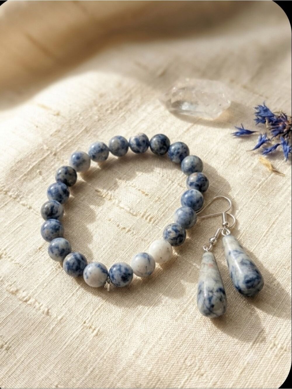 Blue Natural Sodalite Beaded Bracelet and Drop Earrings Set